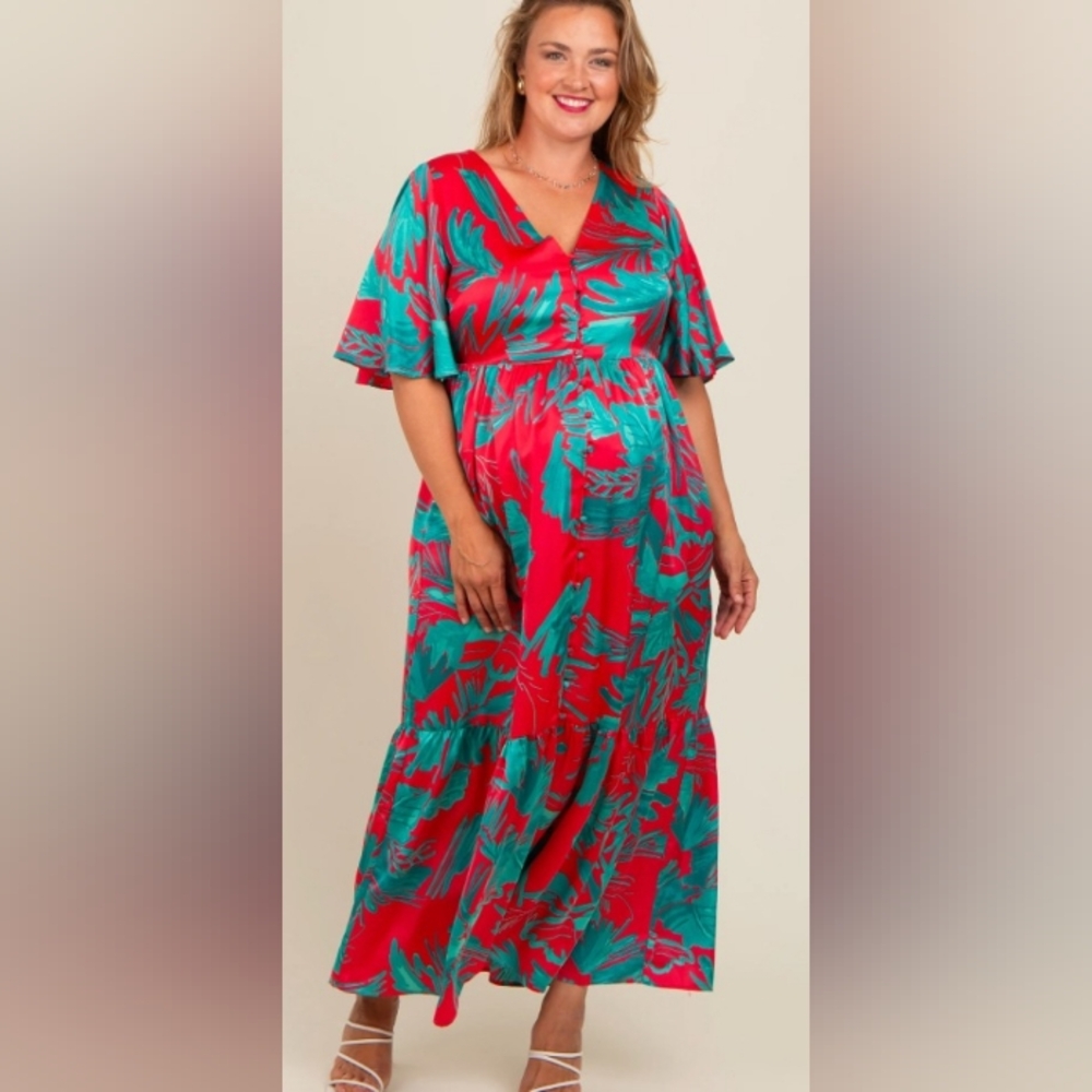 NWT Maxi Dress 2X - Sugarlips Palm Tropics Pismo Button Down Flutter Sleeve - Picture 5 of 12